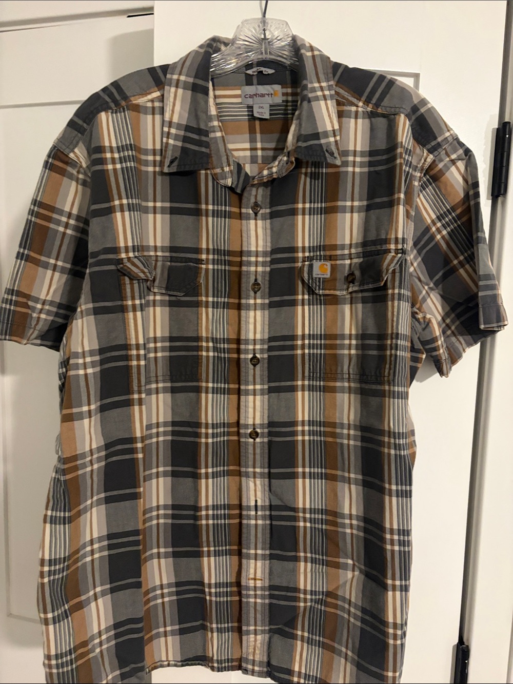 Carhartt Short Sleeve Plaid Button-Down Shirt in Gray, Brown & Cream